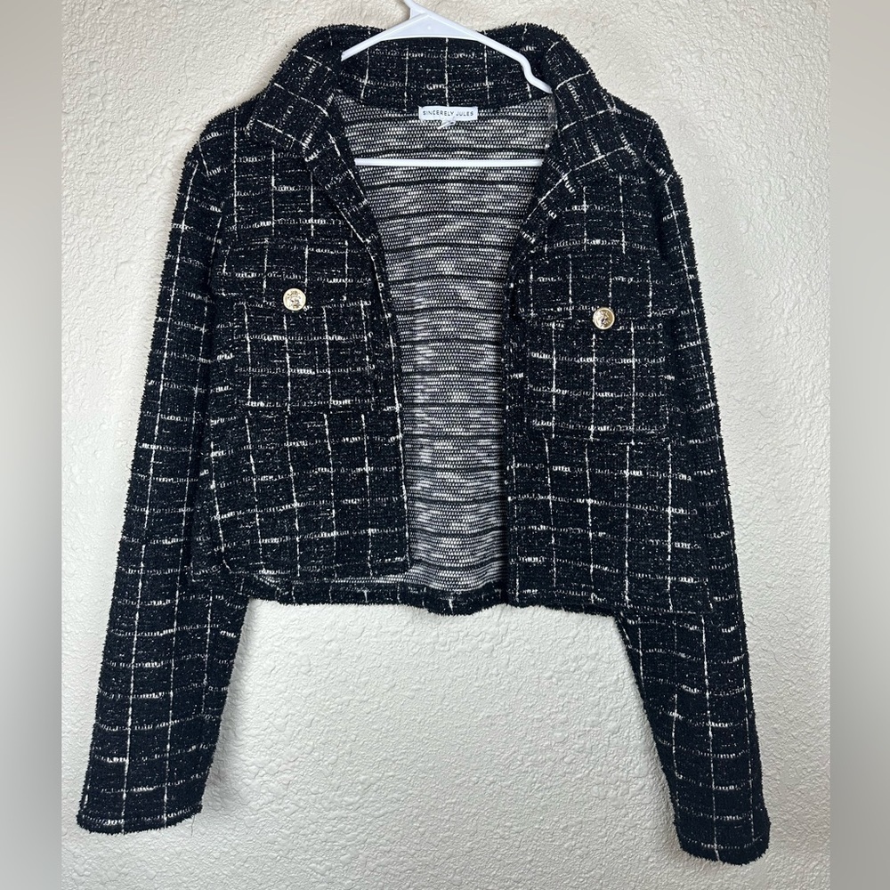 Sincerely Jules Black Grid Knit Fuzzy Open Front Jacket- Women's Size XL